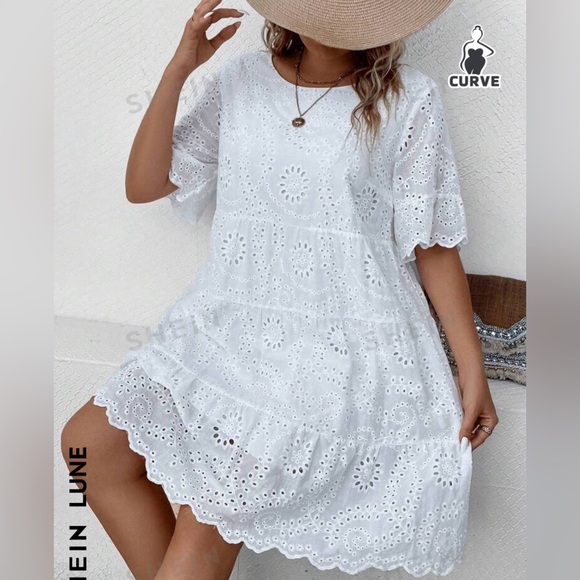 SHEIN LUNE Eyelet Embroidery Ruffle Hem Smock Dress - Picture 4 of 10